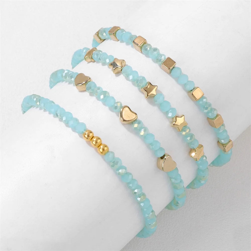 4pcs/set Faceted Crystal Beads Bracelet Colorful Round Shiny Glass Beaded Charm Braclets for Women Men Couples Jewelry Gift