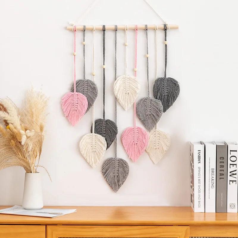 Handmade Woven Leaf Macrame Hanging Ornament, Bohemian Cotton Rope, Woven Walls Decoration for Bedroom, Living Room Wall