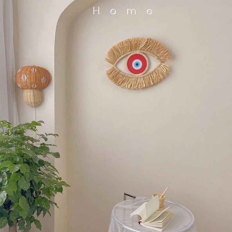 Moroccan Handwoven Devil's Eye Wall Decor Wood Beads Straw Woven Living Room Sofa Background Entryway Wall Hanging Decoration