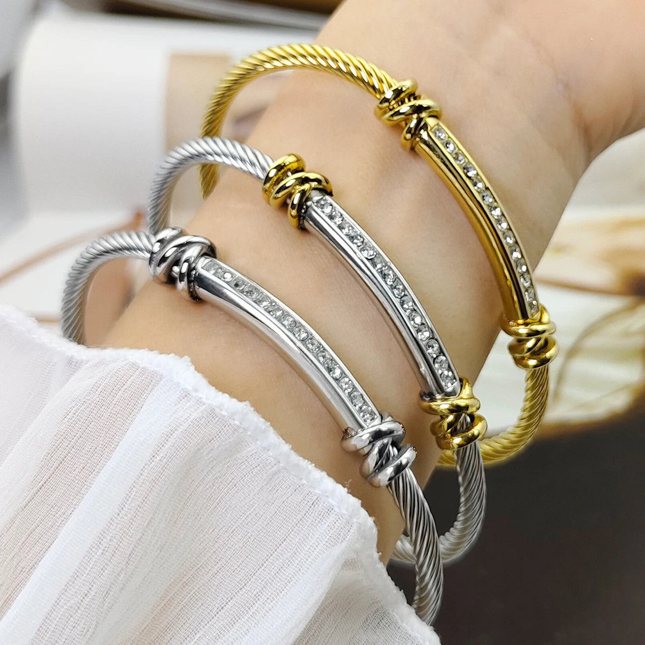 Hemasa Stainless steel  Twisted  steel wire   Cable bracelet  / open adjustable cuff women's bracelet