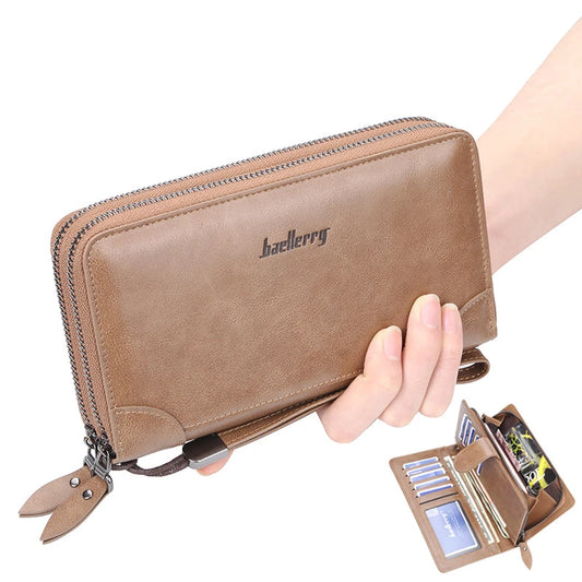 RFID Women's Black Wallet Made of Genuine Leather Large Plaid Zipper Coin Purse Long Wristband Money Clip Clutch Bag Card Holder