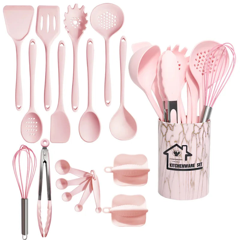 Hemasa Pink 18Pcs Food Grade Silicone Kitchen Cookware Utensils Turner Spatula Measuring Spoon Practical Cooking Tool Kitchenware Set