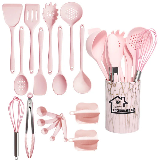 Hemasa Pink 18Pcs Food Grade Silicone Kitchen Cookware Utensils Turner Spatula Measuring Spoon Practical Cooking Tool Kitchenware Set