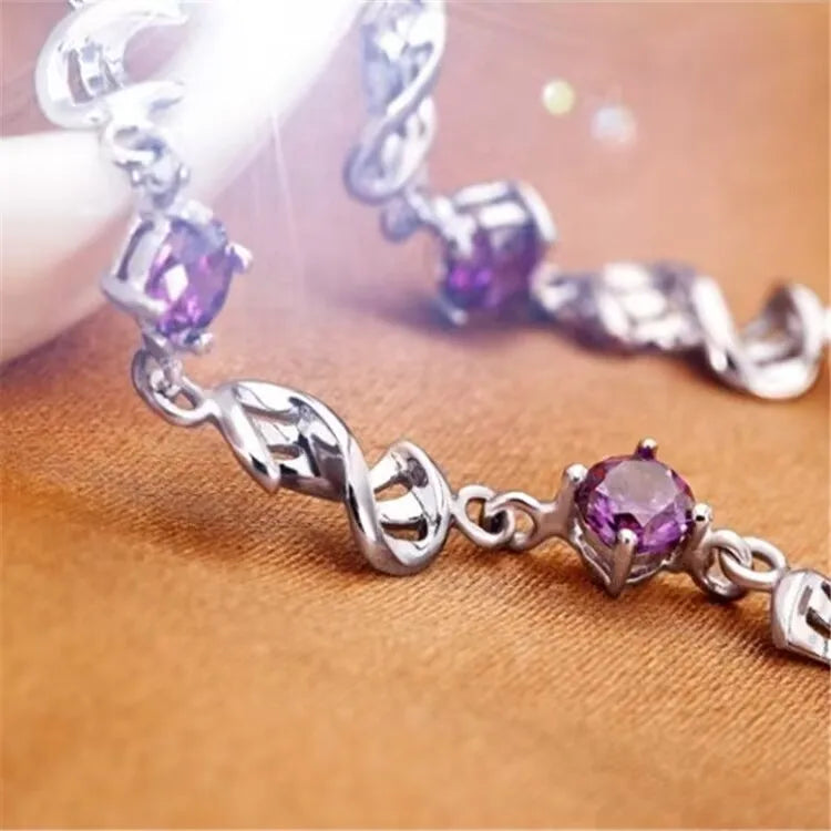 Hemasa  925 Sterling Silver Bracelet with  White Purple Retro Wedding Shaped Cubic Zirconia