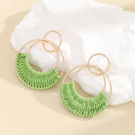 Summer Candy Circle Round Raffia Earrings Handmade Fashion Jewelry Accessories Bohemian Party Statement Earrings for Women