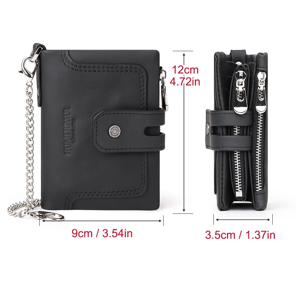 Genuine Leather RFID Men Wallet Business Credit Card Holders Double Zipper Coin Purse Chain PORTFOLIO Portomonee Male Carteira