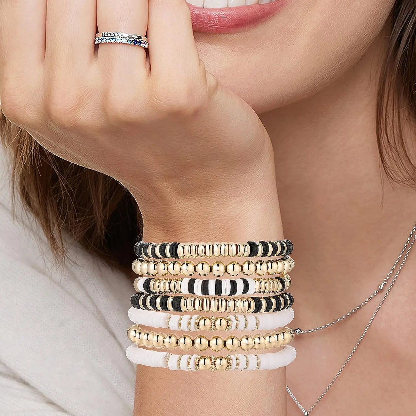 WG 7Pcs Boho Aesthetic Colorful Polymer Clay Bracelet Set Pink Bead Stacking Bracelets For Teen Girls Friendship Preppy Jewelry