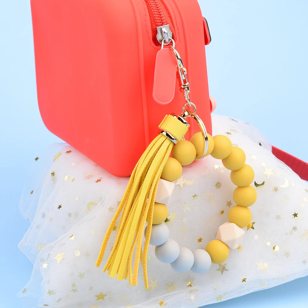 LOFCA Silicone Key Ring Bracelet Women Beaded Bangle Keychain Walletchain Wristlet Leather Tassel Silicone Beads BPA Free