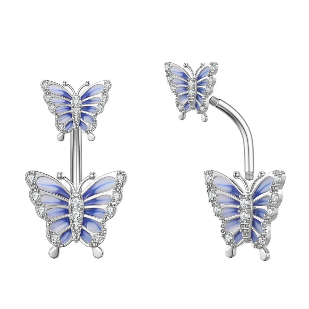 Surgical Steel Cute Butterfly Belly Button Rings Fashion Crystal CZs Dangled Navel Piercing Ombligo Women Body Jewelry 1.6*10mm