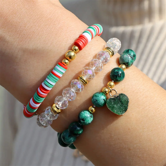 3Pcs/Set Bohemia Colorful Stone Bracelets Faceted Quartzs Crystals Beaded Bracelet Heishi Polymer Clay Beads Bracelet Men Women