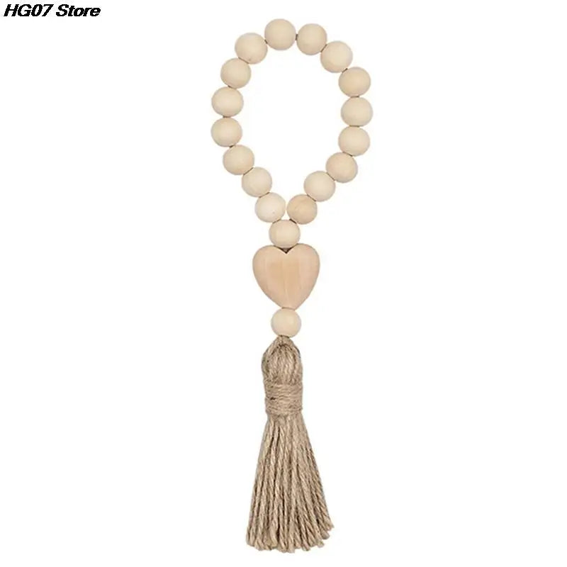 New 1Pc Log Color Wood Bead Garland Rustic Wall Hanging Hemp Rope Tassel Beaded with Heart Knot Woven Pendant Home Decoration