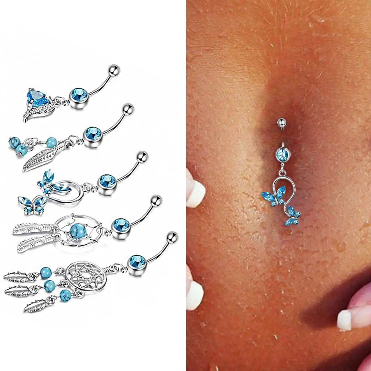 Stainless Steel Internal Thread Navel Piercing Dangle Body Piercing Sexy Belly Button Rings Blue Zircon Navel Rings Jewelry