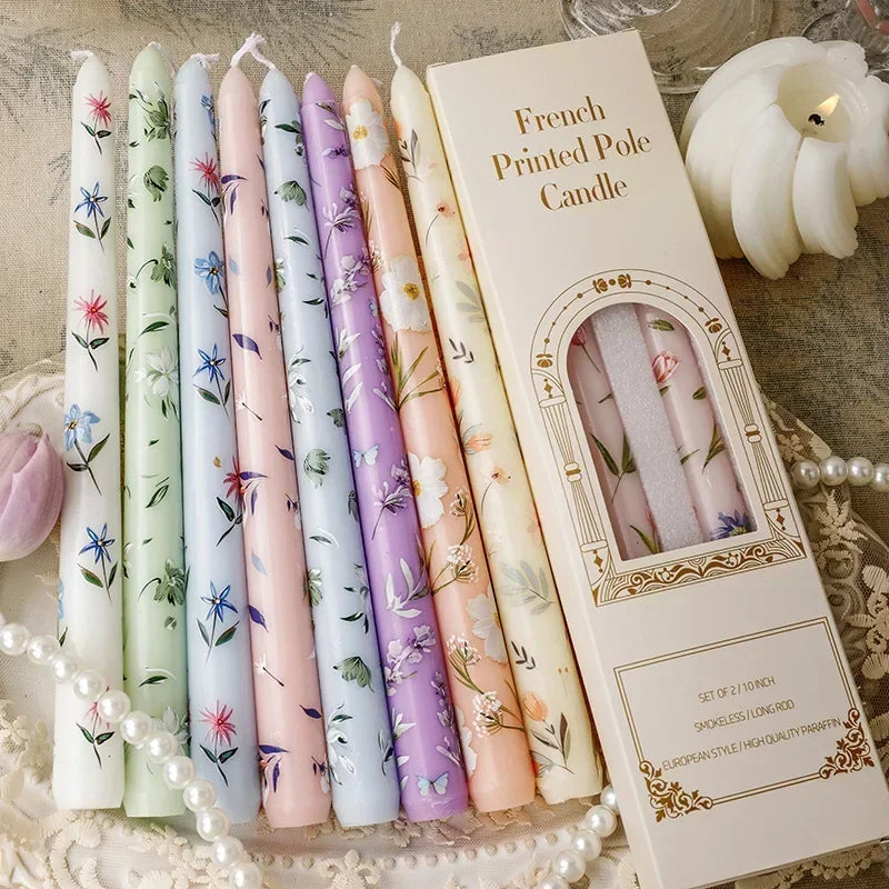 7.5'' Long Wedding Candles French Hand-Printed Pole Candle Long Taper Dinner Candles for Minimalist Home Decorative Candles