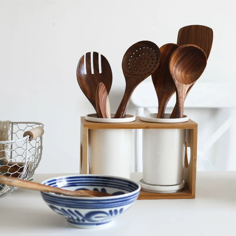 Hemasa  4Pcs  Teak Natural Wood Tableware Spoon Ladle Turner Long Rice Colander Soup Skimmer Cooking Spoons