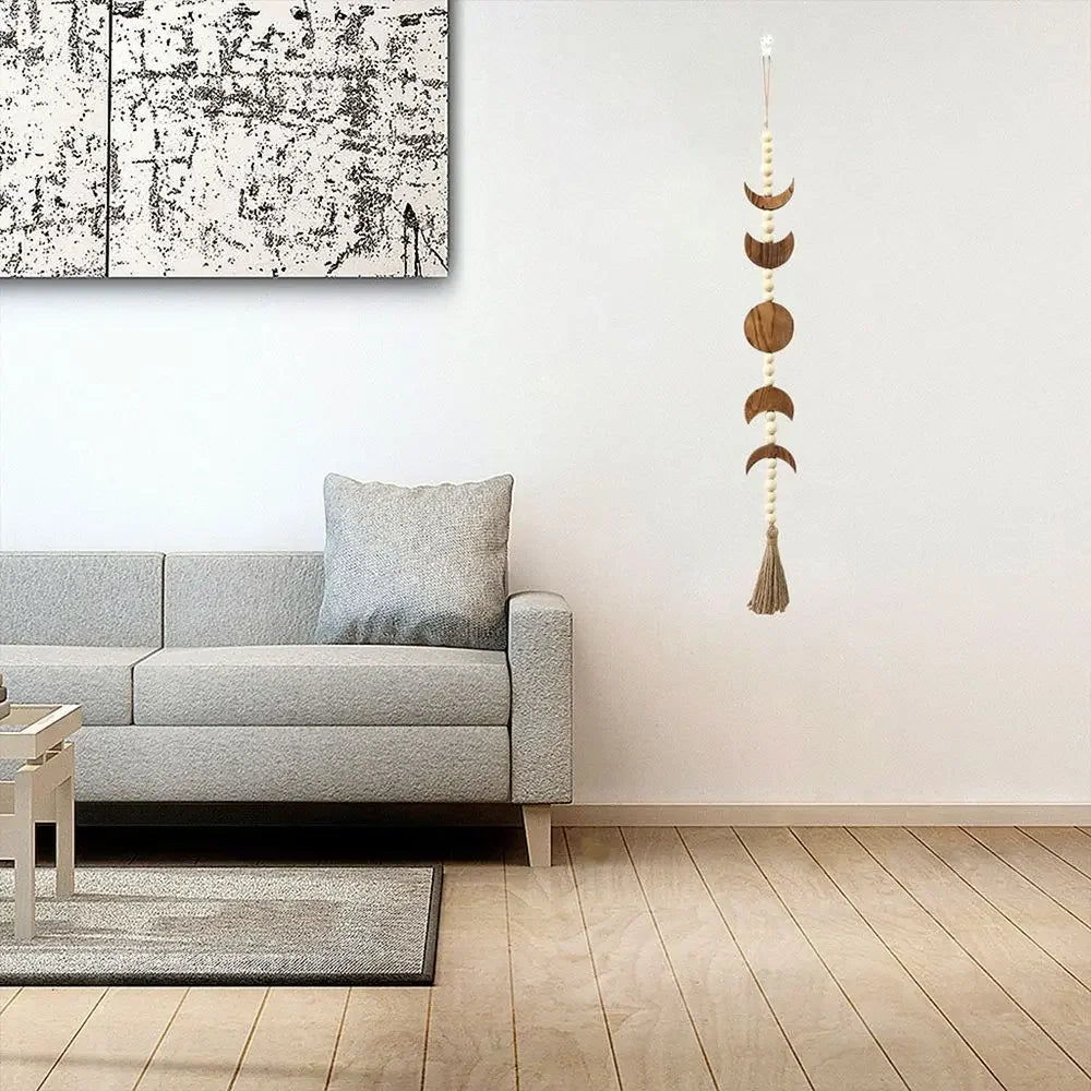 Wood Star Moon Phase Wall Hanging Garland Boho Beaded Moon Garland with Tassel Home Wall Decor