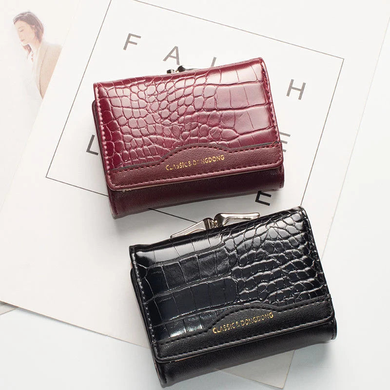 Wallet Women PU Leather Female Short Vintage Tri-fold Student Wallet Simple Multi-card Crocodile Pattern Coin Money Bag Purse