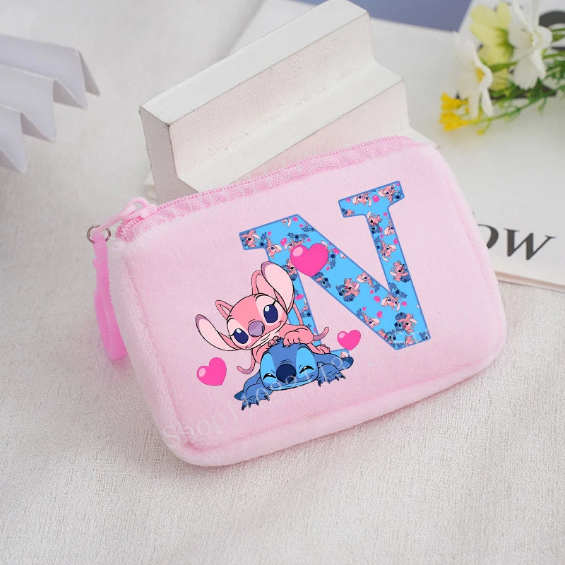 Disney Stitch Plush Coin Purse Cute Anime Cartoon A-Z Letter Stich Printed Wallet Kawaii Girls Earphone Storage Zipper Bag Gifts