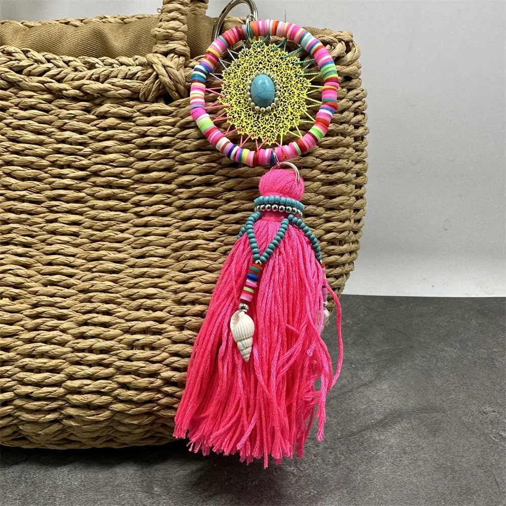 Leather Tassel With Colorful Pompons Handbag Accessorise Boho Style Keychains For Women Keyring Jewelry