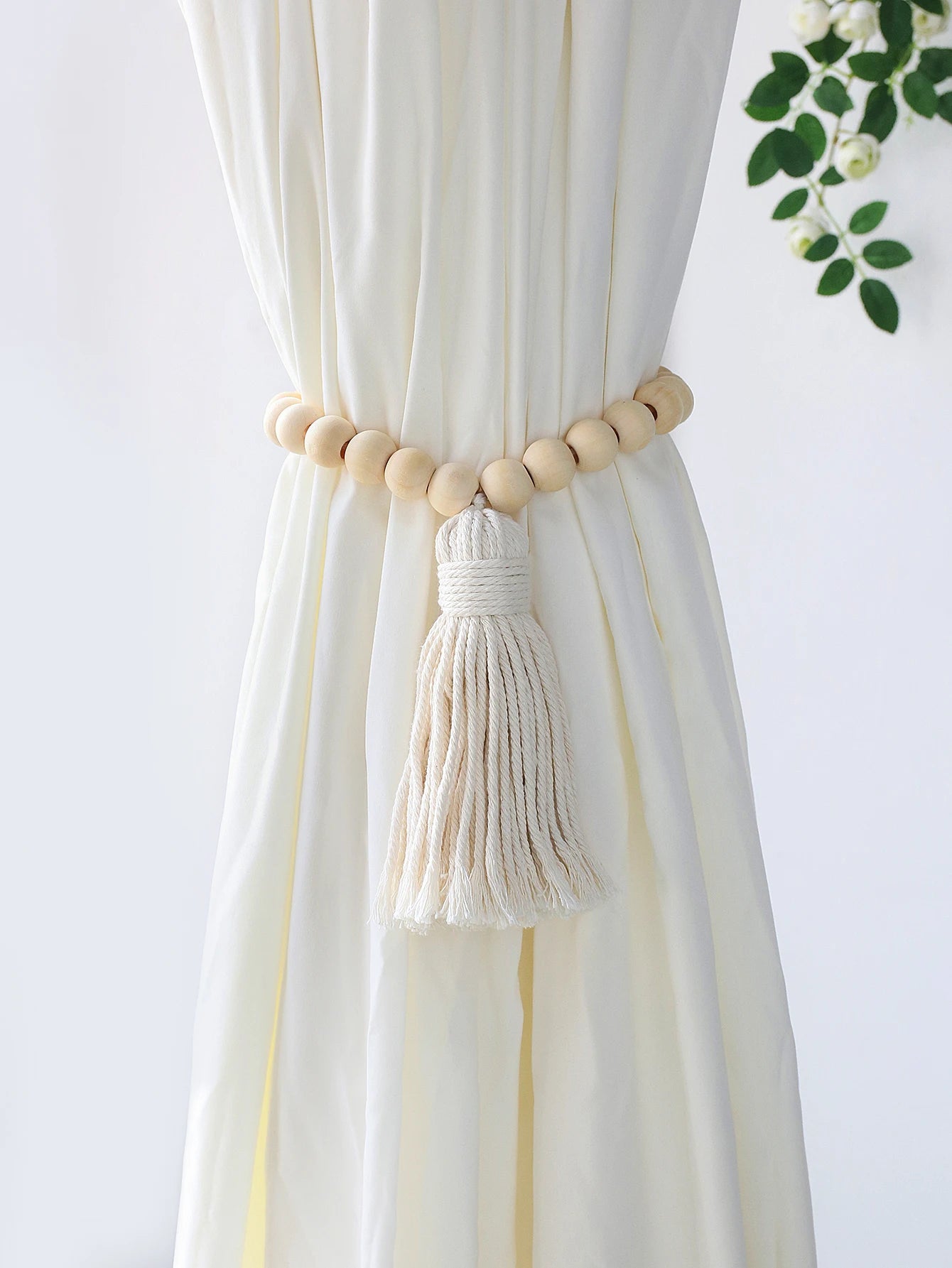 Handmade Macrame Curtain Holdbacks,Wooden Bead Curtain Tiebacks,Boho Home Decoration,Cotton Hanging Rope Curtains Accessories