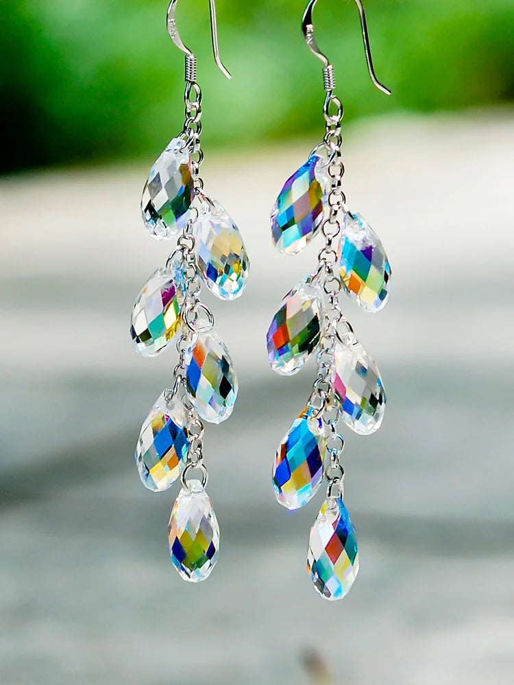 Luxury Silver Color Metal Inlaid Water Droplet Stone Hook Earrings 2023 Fashion Long Geometry Tassels Dangle Earrings for Women