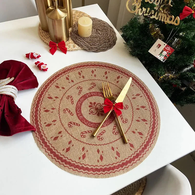 Christmas Retro Jute Placemat Round Printed Woven Dining Table Mat with Wool Ball Heat-Resistant Home Decorative Coffee Cup Mats