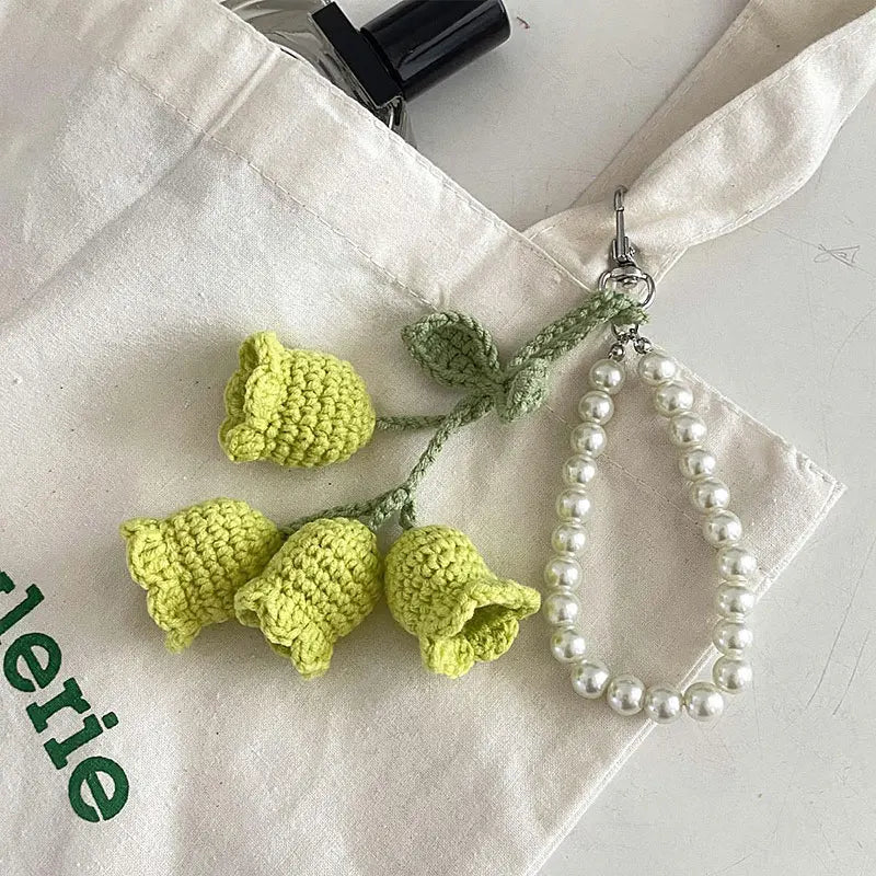 Hemasa 1pc Sweet Wool Crochet Lily Of The Valley Keychain Girls Pearl Chain Bag Pendant