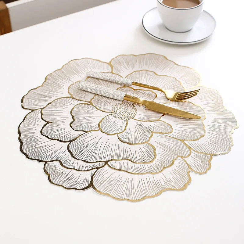 Hemasa Creative Peony Placemat Nordic Style Gold Plated Home Coasters PVC Dinning Table Decorative Mat Anti Slip Waterproof Meal Mat