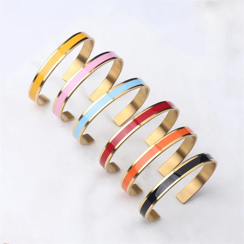 CARLIDANA Trendy Stainless Steel Colorful Drop Oil Gold Color Plated Cuff Bangle for Women Jewelry Party Gift Drop Shipping