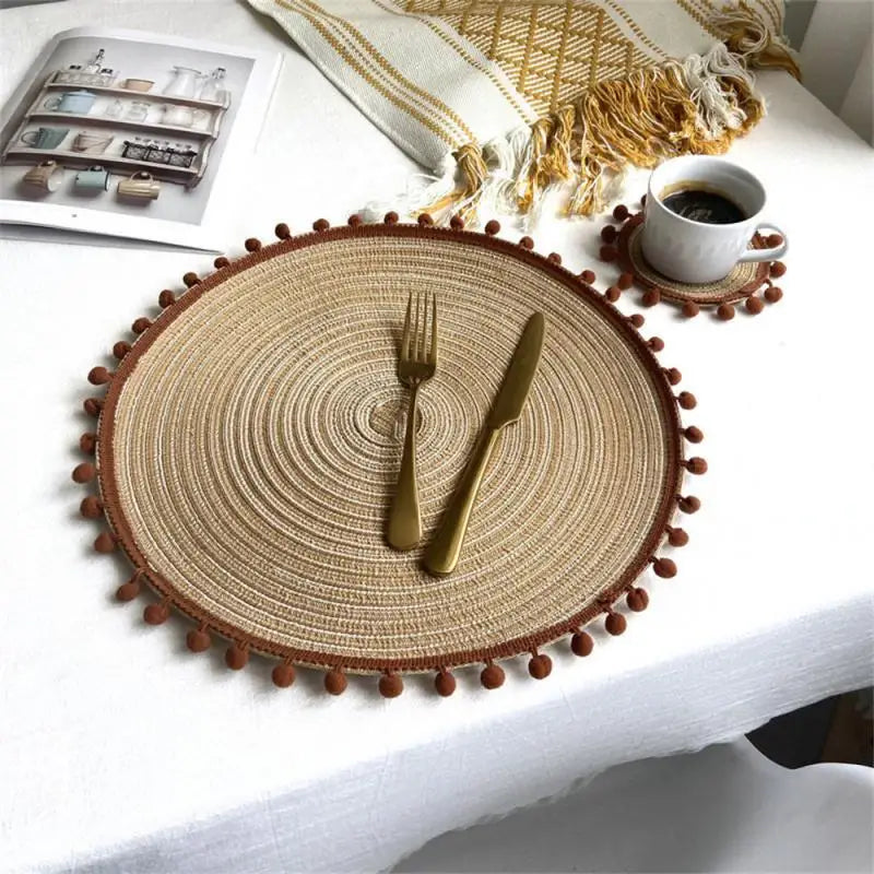 Hemasa Set of 4pcs Cotton Woven Rattan Heat-Resistant Tablemats with pom poms, Available in 7 colours