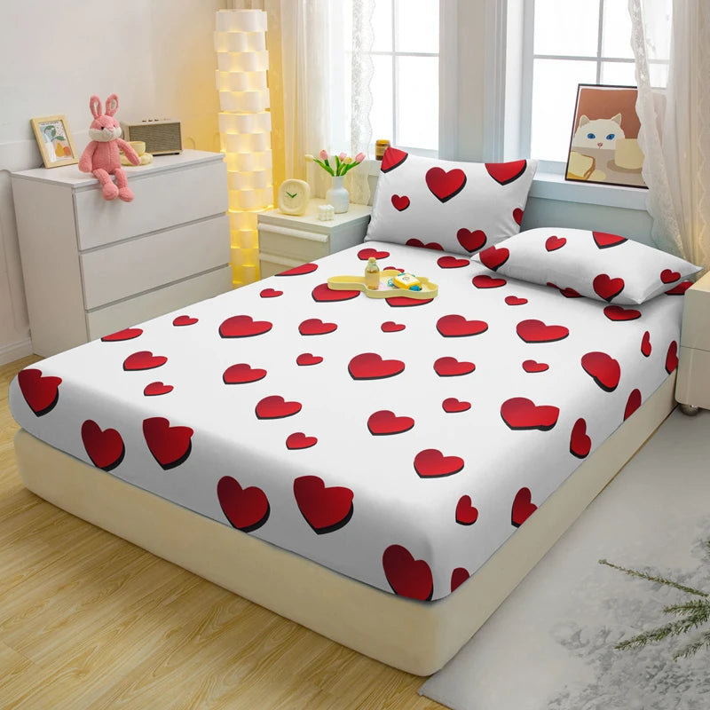 1 Simple Modern Heart-Shaped Printed Matte Fitted Sheet, Bedroom Printed Bed Cover, Bedding (Excluding Pillowcases)