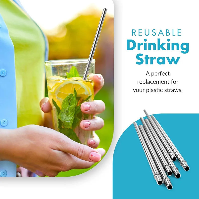 Hemasa 4pcs Stainless Steel Reusable Straws with Cleaning Brush 9.5-inches Straight Metal Straw for Tumbler Mug Cup with Stopper