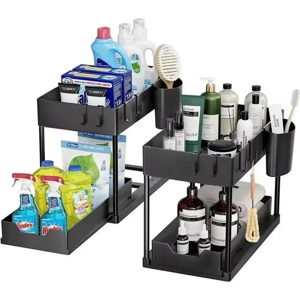 Hemasa 2 Floors Lower Sink Organizer Sliding Cabinet Basket Organizer Storage Shelf Hanger Hanging Cup Bathroom Kitchen Organizer