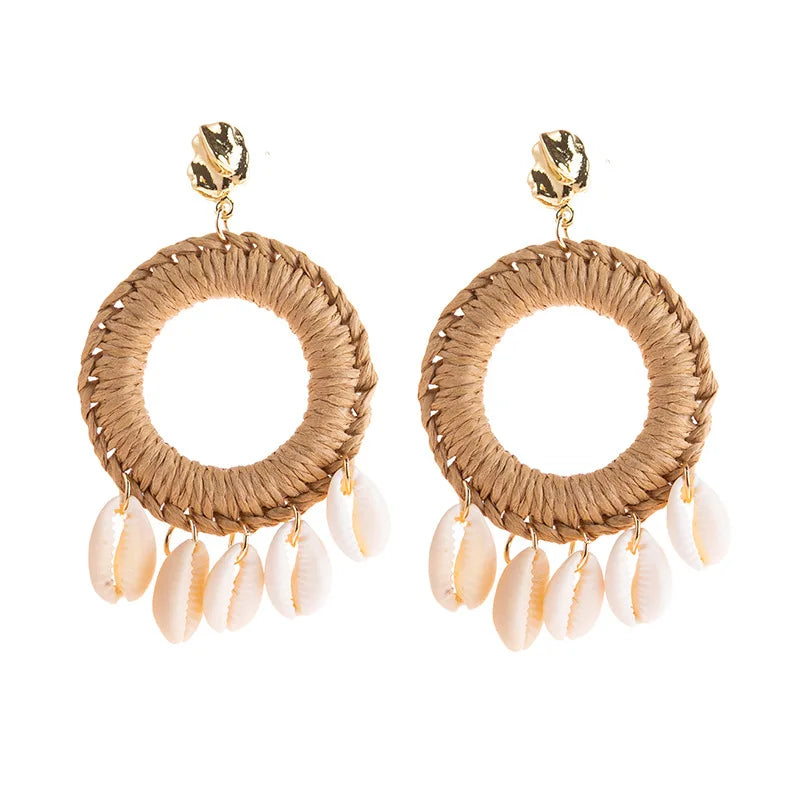 Boho Big Shell Cowrie Rattan Handmade Earrings Natural Seashell Statement Drop Earrings Women Summer Holiday Beach Jewelry Gift