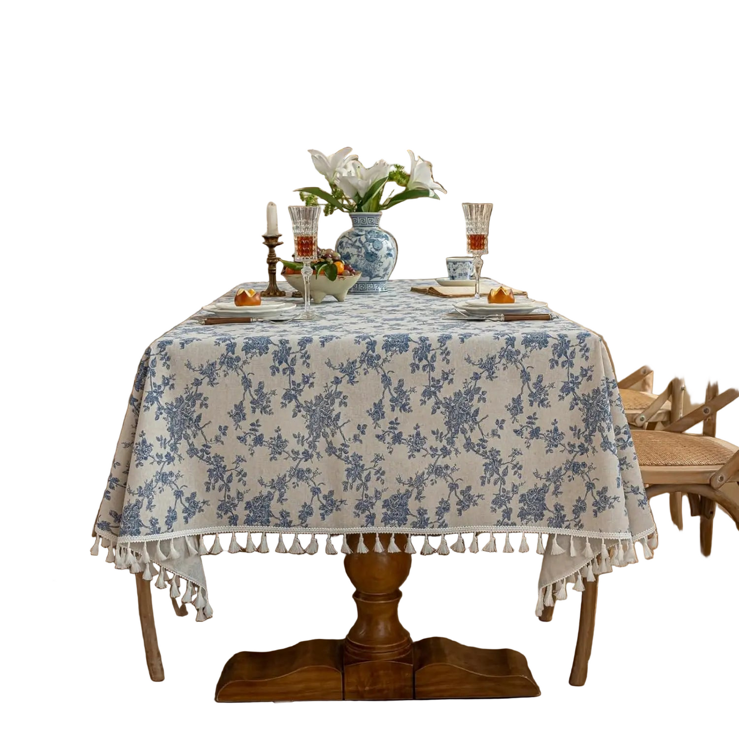 Tejesa Square Cotton Linen Tablecloth with Stitching Tassels Washable Fabric Table Cover for Christmas Dining Kitchen Tea Party