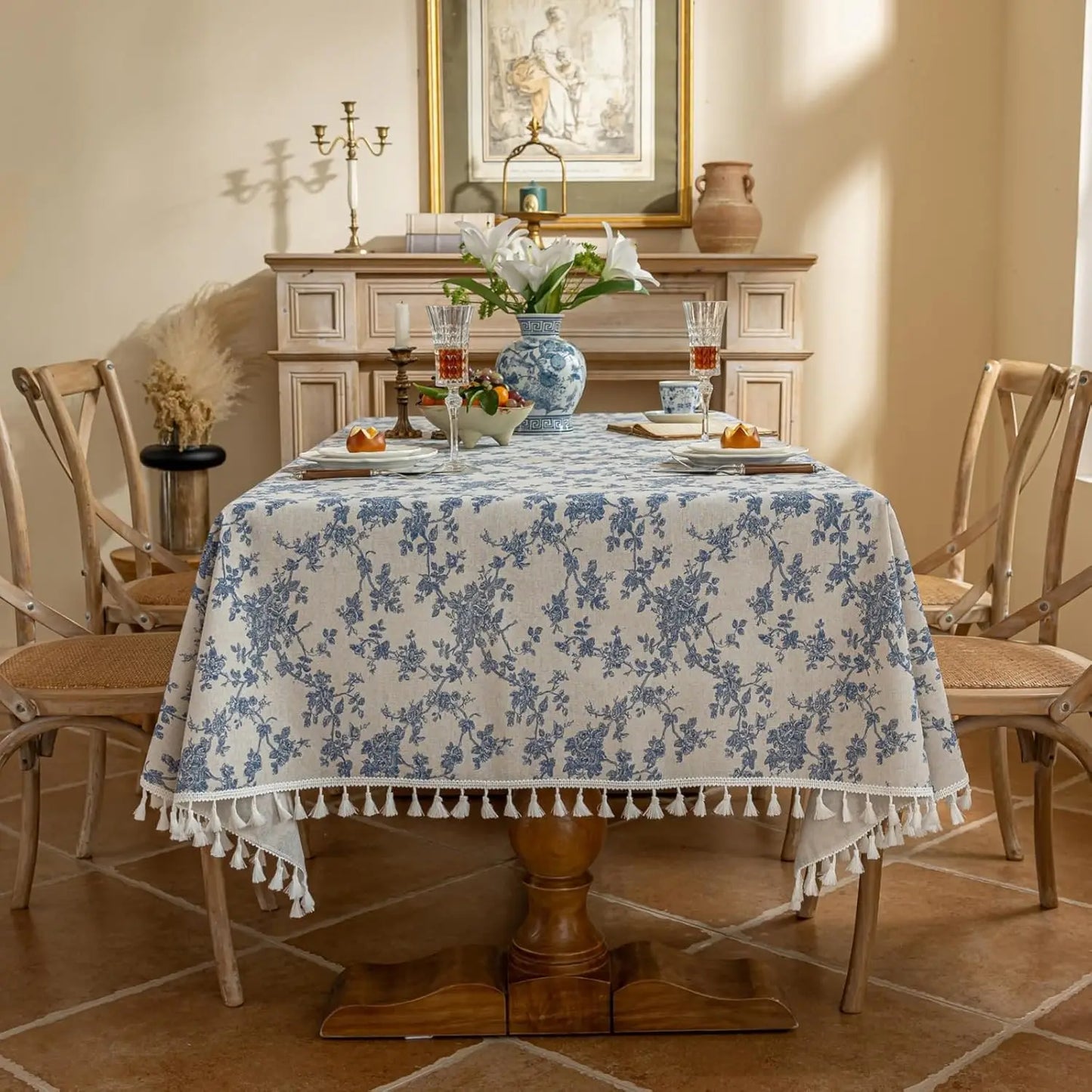 Tejesa Square Cotton Linen Tablecloth with Stitching Tassels Washable Fabric Table Cover for Christmas Dining Kitchen Tea Party