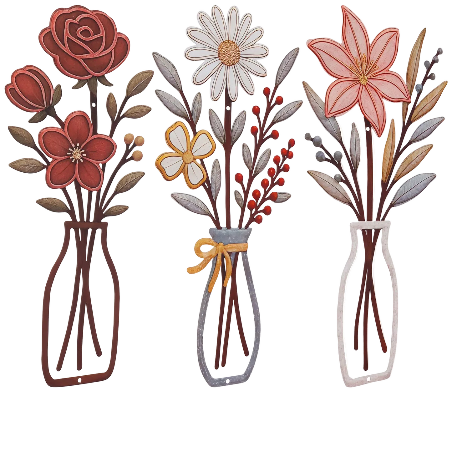 Tejesa 3Pcs Flower Silhouette Painting Wall Decal Decor Metal Flowers Wall Arts Minimalist Rustic Farmhouse Decor Bathroom Wall Decor