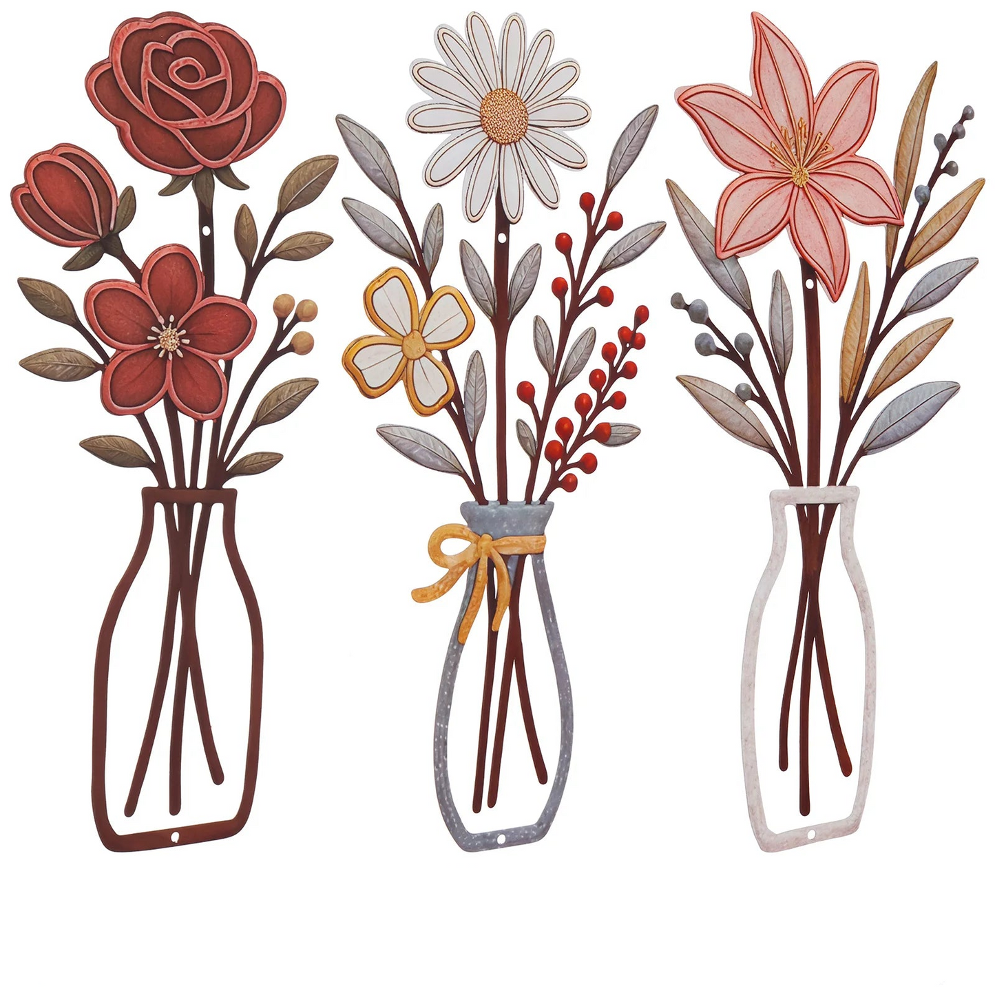 3Pcs Flower Silhouette Painting Wall Decal Decor Metal Flowers Wall Arts Minimalist Rustic Farmhouse Decor Bathroom Wall Decor