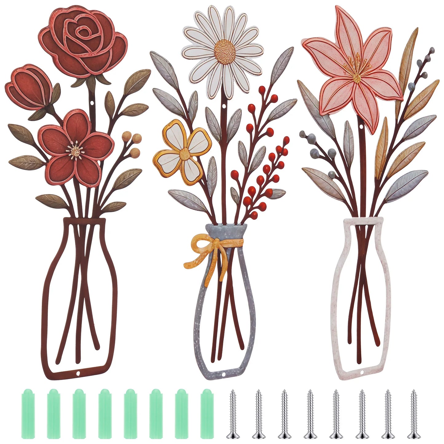 3Pcs Flower Silhouette Painting Wall Decal Decor Metal Flowers Wall Arts Minimalist Rustic Farmhouse Decor Bathroom Wall Decor