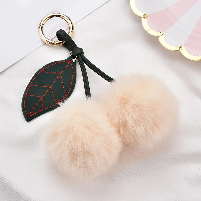 New Fashion Plush Cherry Keychains for Women Girls Fluffy Cartoon Rabbit Fur Ball Pompom Leaf Key Chains Rings Keyring Bag Gifts