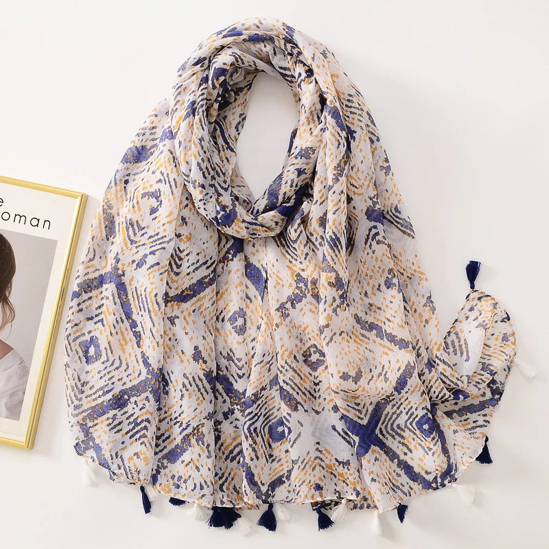 Elegant Woman Shawl Fashion Design Tassel Cotton Scarf Muslim Hijab Scarfs Floral Print Ladies Scarves For Beach Party Bandana