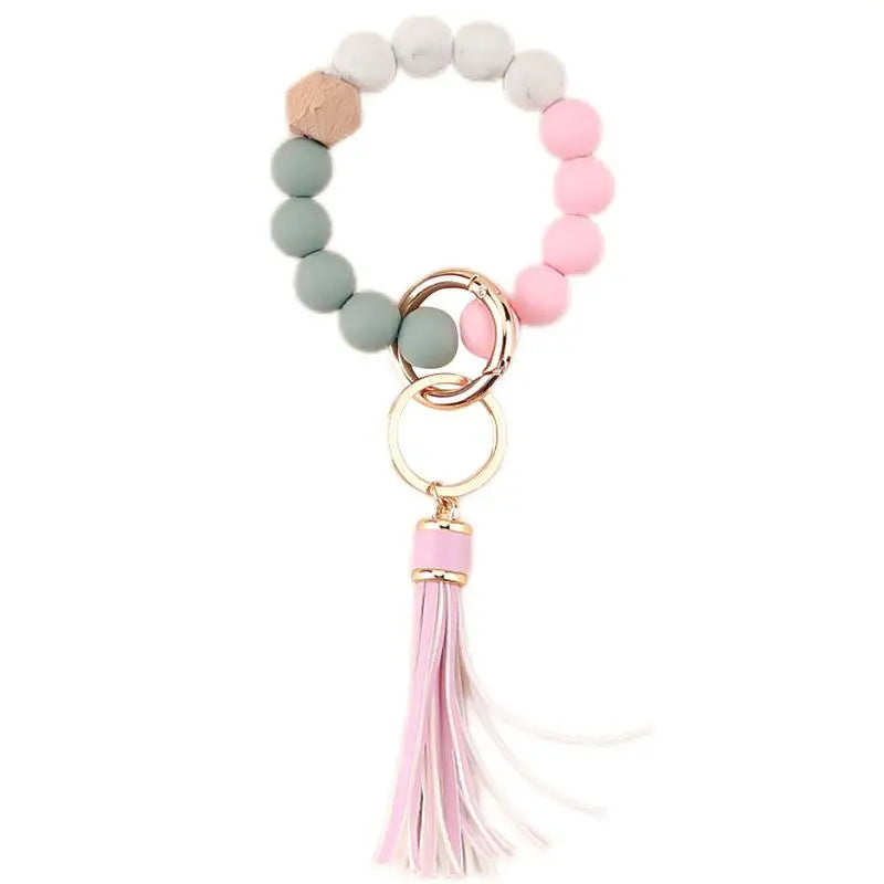 Silicone Key Rings Tangling Beaded Keyring Wristlet House Car Keyring Bangle Chains For Women With Leather Tassel