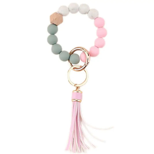 Silicone Key Rings Tangling Beaded Keyring Wristlet House Car Keyring Bangle Chains For Women With Leather Tassel