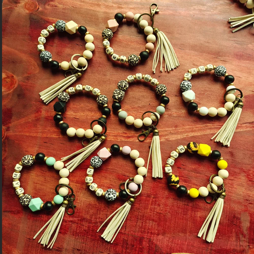2022 New Boho Leopard Sunflower Silicone Bead NANA Wristband MAMA Key Chain Pendant Custom Name Charm Mother's Day Jewelry Gift