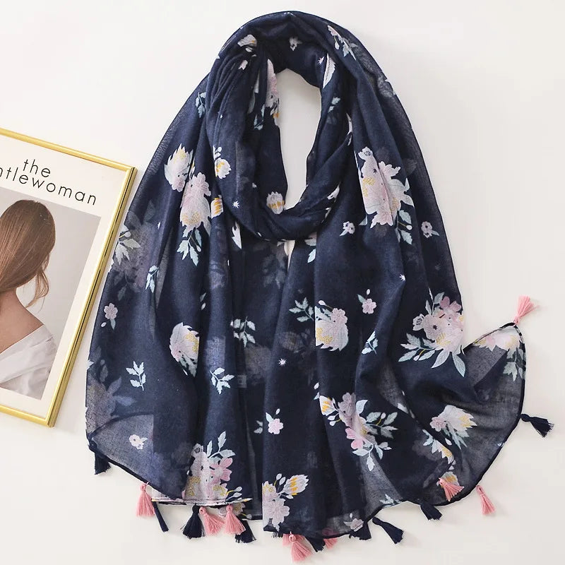 Elegant Woman Shawl Fashion Design Tassel Cotton Scarf Muslim Hijab Scarfs Floral Print Ladies Scarves For Beach Party Bandana
