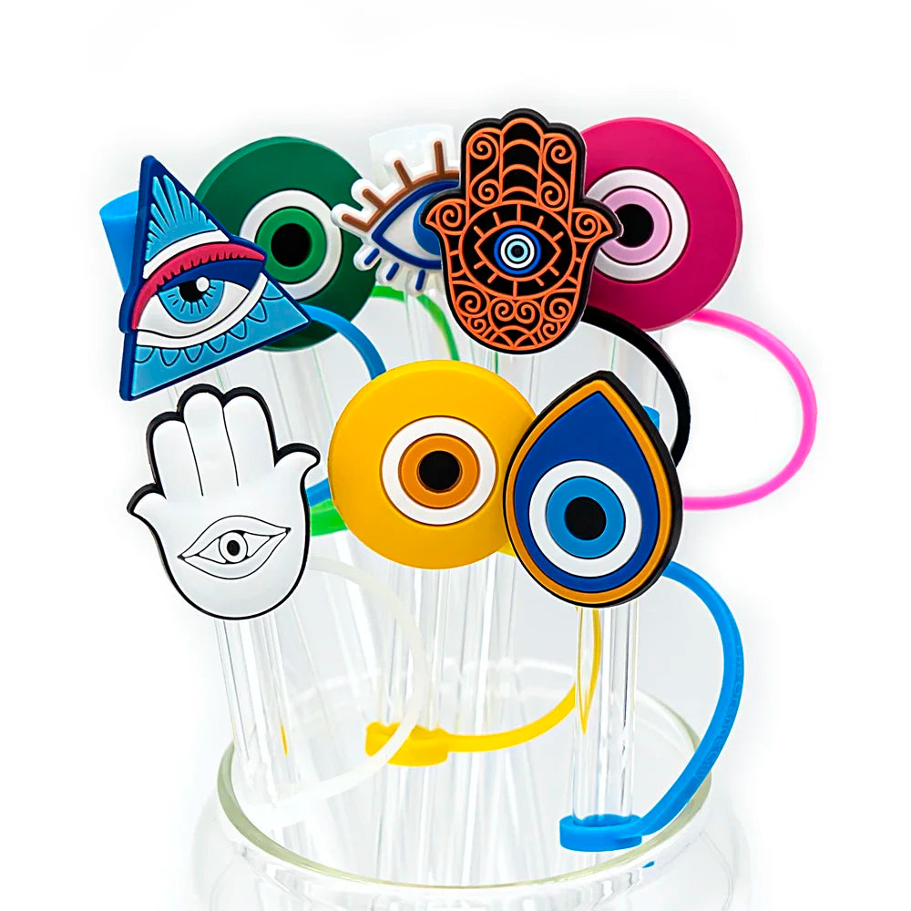 1/7PCS Silicone Colorful Evil Eyes Straw Cover,8mm Reusable Straw Topper Drinking Cup Accessories,Dustproof Straw Cap Gift