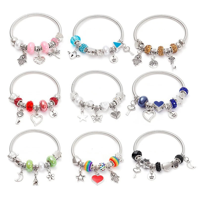 Fashion Simple Pandora Glazed Gem Beads Key Lock Love Hanging Bracelet Light Luxury Vintage Bangle For Women Jewelry Gift