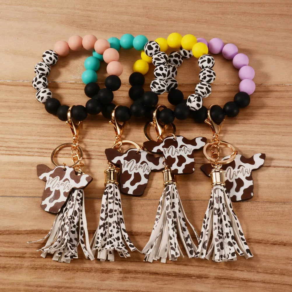 Western Style California Bison Head Shape Shiplap Wooden Engraved MAMA Wristlet Cow Patterns Silicone Beads Bracelet Keychain