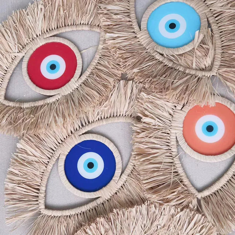 Moroccan Handwoven Devil's Eye Wall Decor Wood Beads Straw Woven Living Room Sofa Background Entryway Wall Hanging Decoration