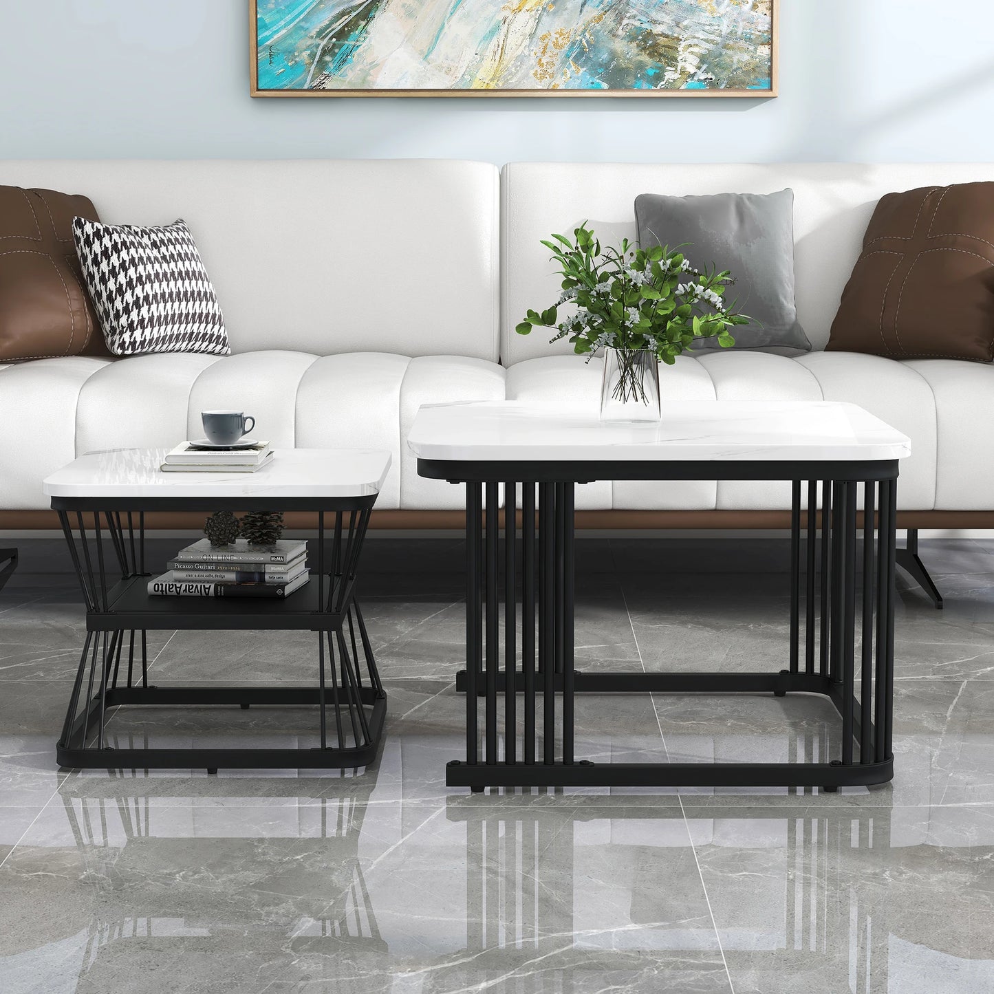 Set of 2 Nesting Tables with Black Metal Frame and Marble Pattern Top, Square Coffee Table Set for Living Room Home