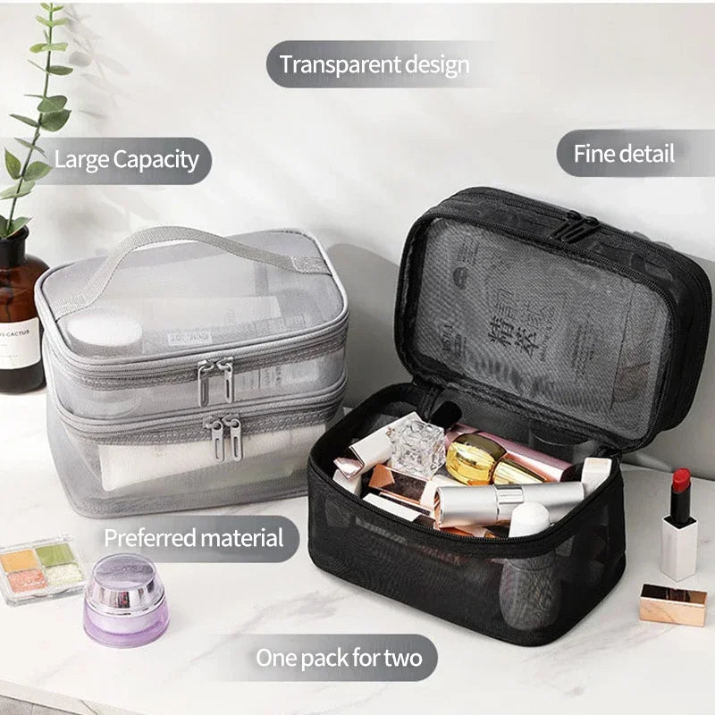 Hemasa Double Layer Mesh Cosmetic Bag  for Women/ Portable Make Up Case Big Capacity Travel Zipper Makeup Organizer Toiletry Storage Box
